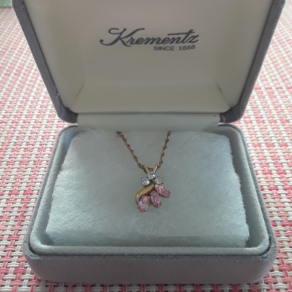 Krementz 18" Gold Necklace and Earrings w/Pink Crystal and Cubic Zirconia - Picture 2 of 5
